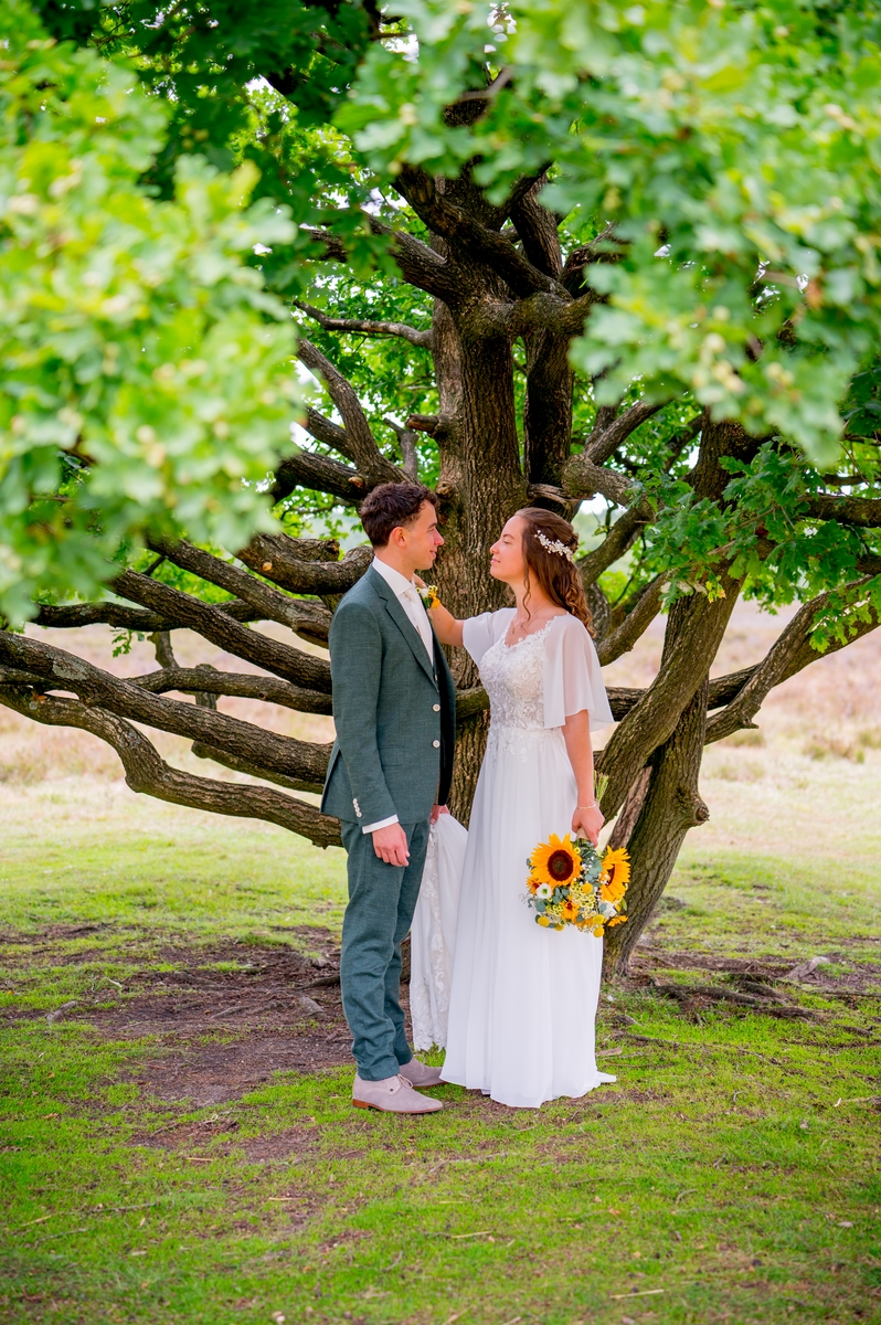 Bruidspaar kijkt elkaar aan onder een boom op de Veluwe